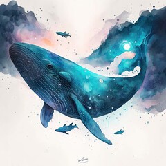 Giant Whale Illustration Painting in Ocean