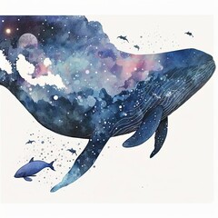Giant Whale Illustration Painting in Ocean
