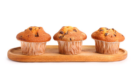 Board with delicious muffins isolated on white background