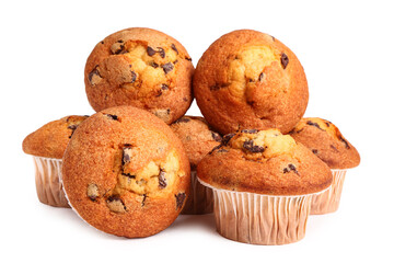 Delicious muffins with chocolate isolated on white background