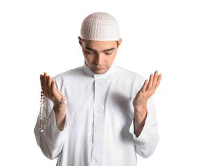 Praying Muslim man on white background
