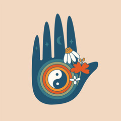 Celestial abstract clip art with hand,  yin yang symbol, retro flowers, moon, stars. Modern psychedelic art. Hippie groovy esoteric illustration. Flat design. 60's, 70's concept for card, poster.