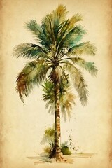 Watercolor painting of palm coconut tree, generative ai
