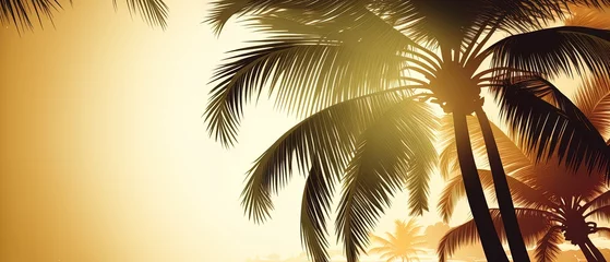 Poster Green palm trees on clean sunset background  lovely clean concept design with copy space for banner template generative ai © Arisctur