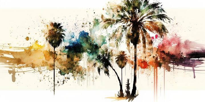 Watercolor painting of palm coconut tree, generative ai