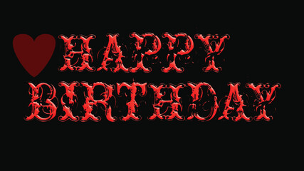A vector illustration Happy Birthday red 3D text and red heart shape isolated on a black background. Greeting card.