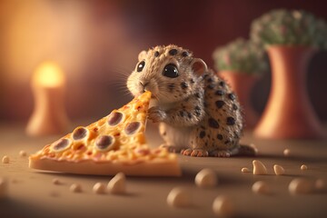 Fototapeta na wymiar cute animal eating pizza created using AI Generative Technology