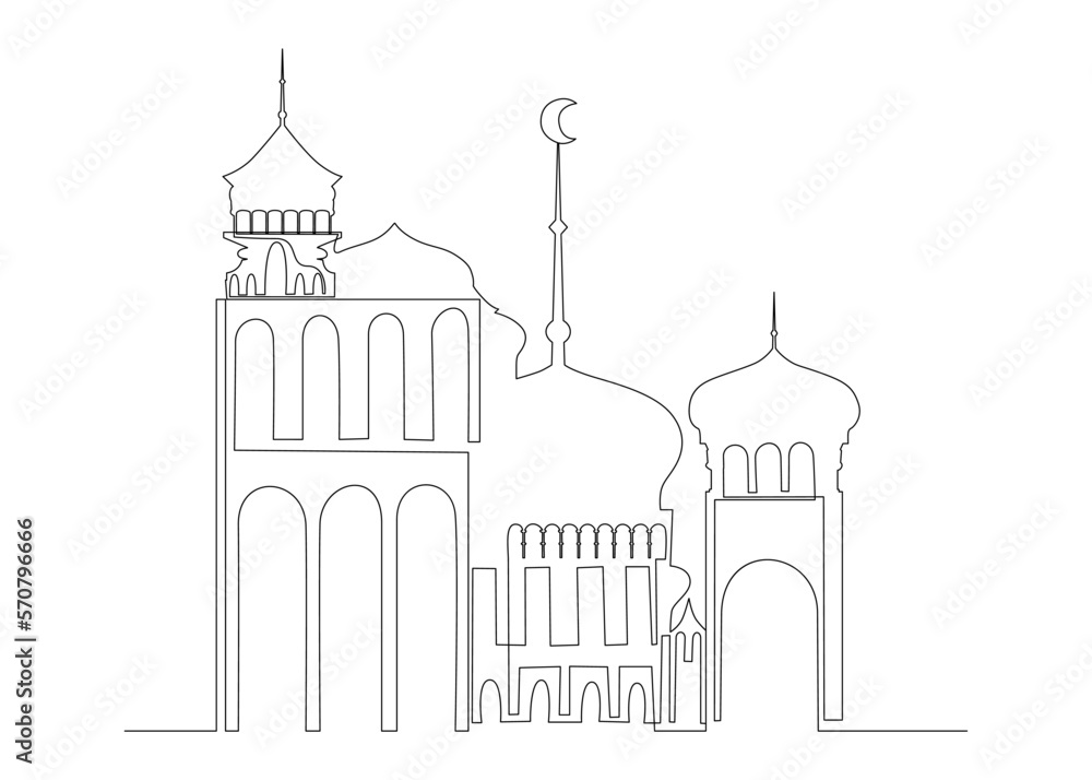 Poster one continuous line of ramadan poster with arabic architecture. thin line illustration vector concep