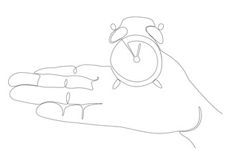 One continuous line of hand holding, showing Alarm Clock word. Thin Line Illustration vector concept. Contour Drawing Creative ideas.