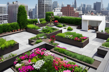 Una imagen que muestra una elegante terraza verde en la ciudad, generada por inteligencia artificial