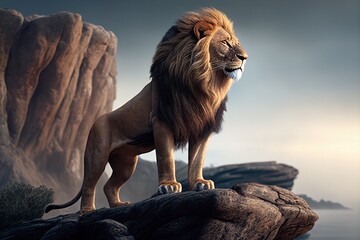 Obraz premium Lion in the wild standing and viewing afar, Generative AI