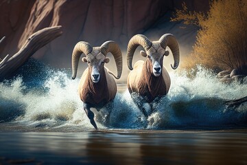 Rams running cross the river, Generative AI - obrazy, fototapety, plakaty