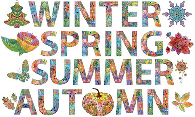 SEASONS WINTER SPRING SUMMER AUYUMN. Colorful day of the week card.