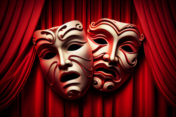 Greek theatre masks illustration, comedy and tregedy. Generative AI. - obrazy, fototapety, plakaty