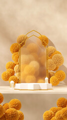 arabian lamp and mimosa flower ramadan, 3d render image blank space white gold podium in portrait
