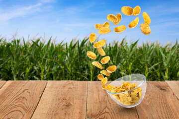 cornflakes flying out of glass bowl on table with green field on the background