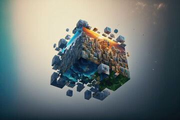 Abstract multiverse world with cubic landscape of nature and city . Creative surreal earth environment by puzzle artwork construction .. Peculiar AI generative image.