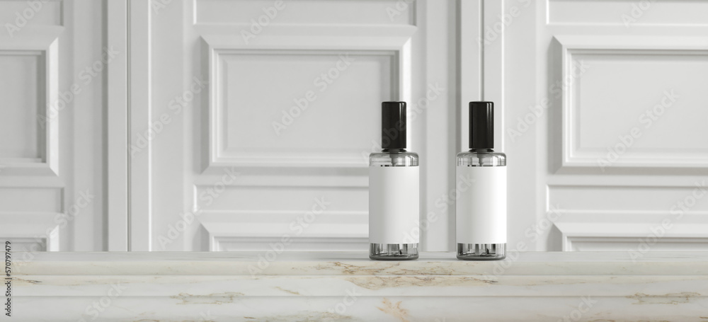 Poster minimal style mockup for product presentation. cosmetic spray bottle and marble platform on white mo