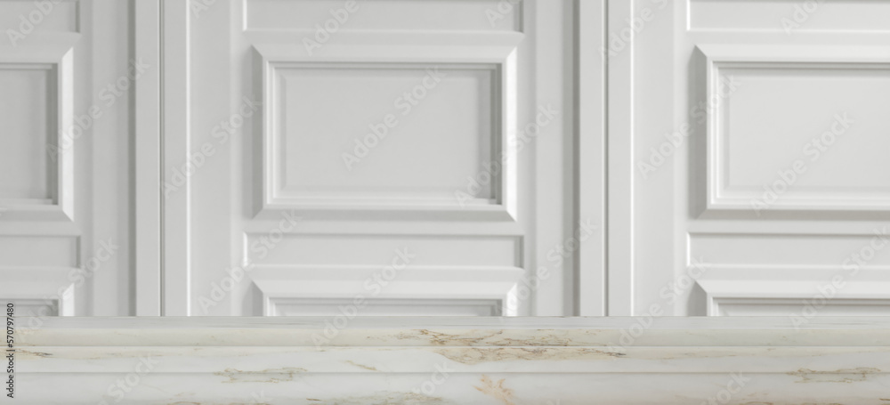 Poster minimal style mockup for product presentation. white marble platform on white molding panel backgrou