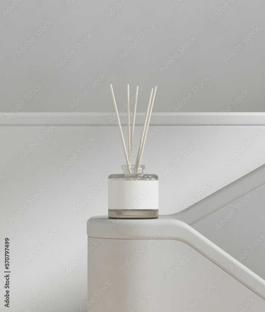 Poster minimal style mockup for product presentation. room diffuser on white staircase on white background.