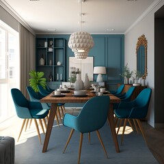 Bright and Airy Modern Dining Room with Wooden Table and Blue Fabric Chairs 3D Render made with generative ai