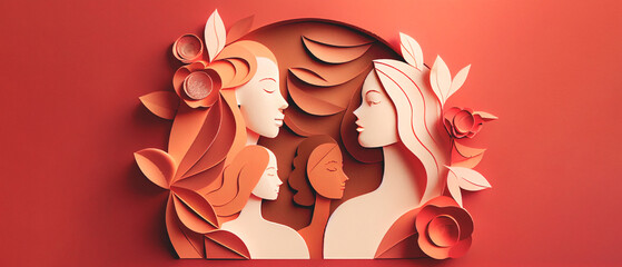 International Women's Day 8 march background with copy space. Woman Head Illustration from Side View Happy Women's Day. Template for UI, Web, Banner, or Greeting Card. Wide angle format banner.