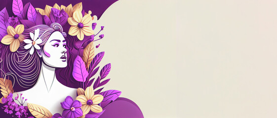 International Women's Day 8 march background with copy space. Woman Head Illustration from Side View Happy Women's Day. Template for UI, Web, Banner, or Greeting Card. Wide angle format banner.