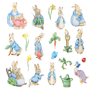 Watercolor cute rabbits in a blue jacket