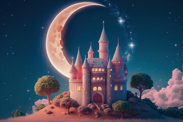 Magic castle against backdrop of a large crescent moon in night sky. Fairytale dreamlike castle, magical and mystical medieval kingdom. Post-processed generative AI.	 - obrazy, fototapety, plakaty