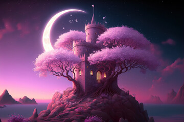 Magic castle against backdrop of a large crescent moon in night sky. Fairytale dreamlike castle, magical and mystical medieval kingdom. Post-processed generative AI.	
