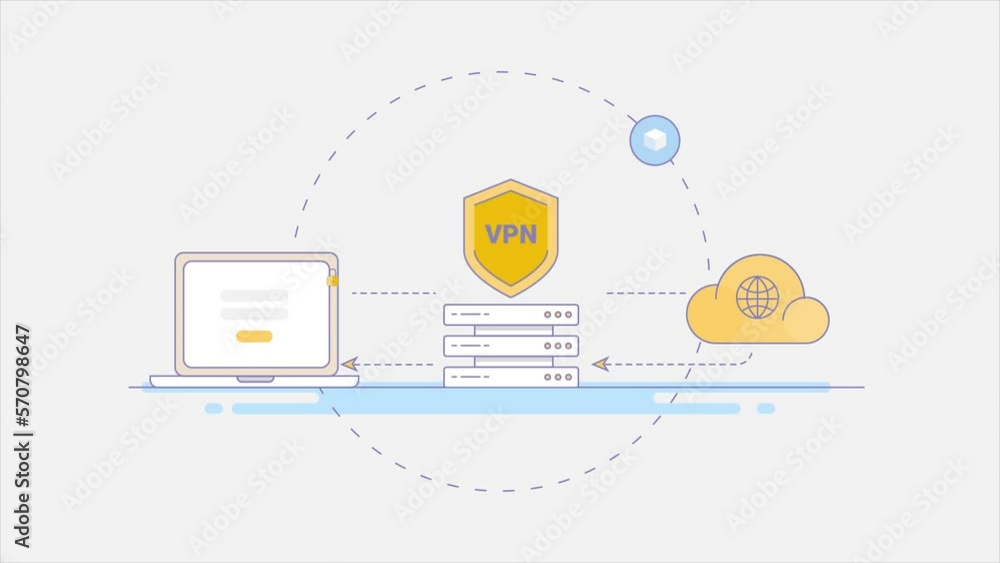 Poster vpn cyber security cloud technology virtual private network secure connection filled outline animati