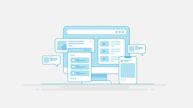 Filled outline animation concept of responsive web design and application interface development, digital technology cyber software solution.