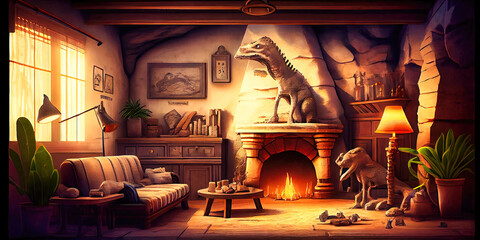 Prehistoric caveman living room - man cave with decorative stone furniture from ancient times. Conceptual art design by generative AI