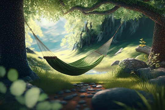 Relaxing background picture of a hammock in a forest created with generative ai 
