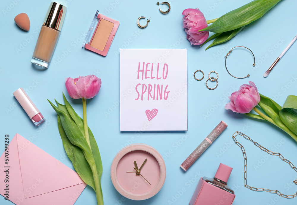 Wall mural Card with text HELLO SPRING, tulip flowers, female accessories, cosmetics and alarm clock on color background - Wall murals