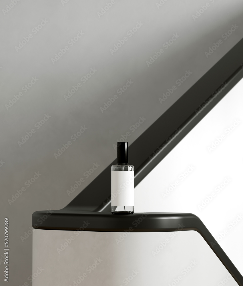 Poster minimal style mockup for product presentation. room spray on white staircase on white background. 3d