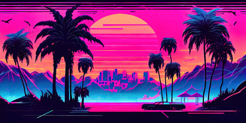 Fototapeta premium Outrun Synthwave style - 1990s retro aesthetic with palm trees and tropical sunset in pink and blue