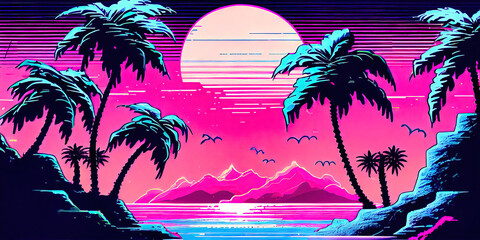 Outrun Synthwave style - 1990s retro aesthetic with palm trees and tropical sunset in pink and blue