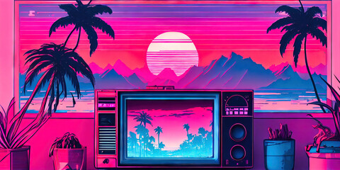 Naklejka premium Outrun Synthwave style - 1990s retro aesthetic with palm trees and tropical sunset in pink and blue