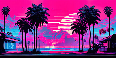 Naklejka premium Outrun Synthwave style - 1990s retro aesthetic with palm trees and tropical sunset in pink and blue