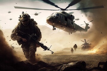 Military combat with helicopter flying low, Generative AI