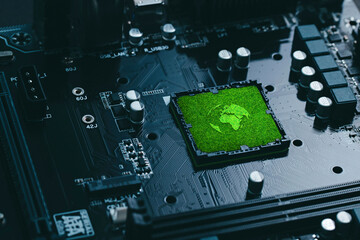 Concept of green technology. green world icon on circuit board technology innovations. Environment Green Technology Computer Chip.Green Computing, Green Technology, Green IT, CSR, and IT ethics