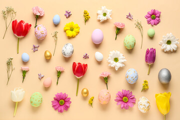 Fototapeta na wymiar Composition with Easter eggs and different flowers on color background
