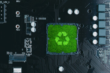 Concept of green technology. green recycle sign on circuit board technology innovations. Environment Green Technology Computer Chip.Green Computing, Green Technology, Green IT, CSR, and IT ethics