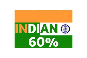 60% Indian sign label art illustration with stylish looking font and white, green and green color with white, saffron and green background. Navy Blue colour Ashoka Chakra, Indian flag.