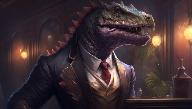 Dinosaur in a suit, very elegant, in the style of final fantasy tactics