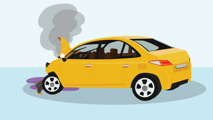 Fototapeta premium Illustiation and Vector. Accident of a passenger car. Bonnet was opened and the front was severely damaged. With smoke and oil leak coming out from engine the front.