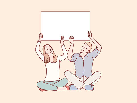 Couple sit on floor holding lift up white blank banner paper simple korean style illustration