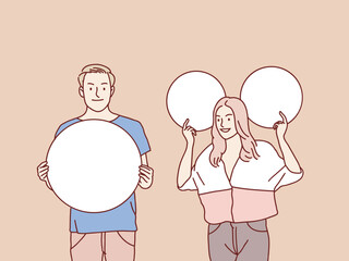 Smiling happy couple holding blank empty rounded speech simple korean style illustration