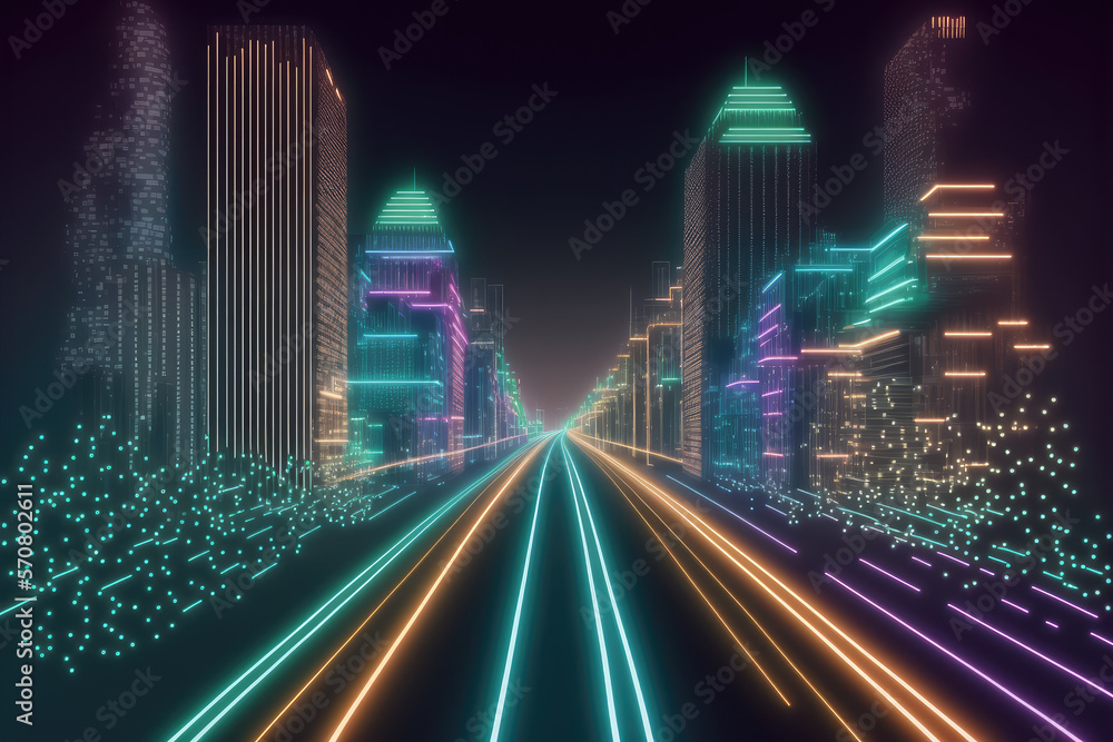Poster abstract highway path through digital smart city graphic design. peculiar ai generative image.